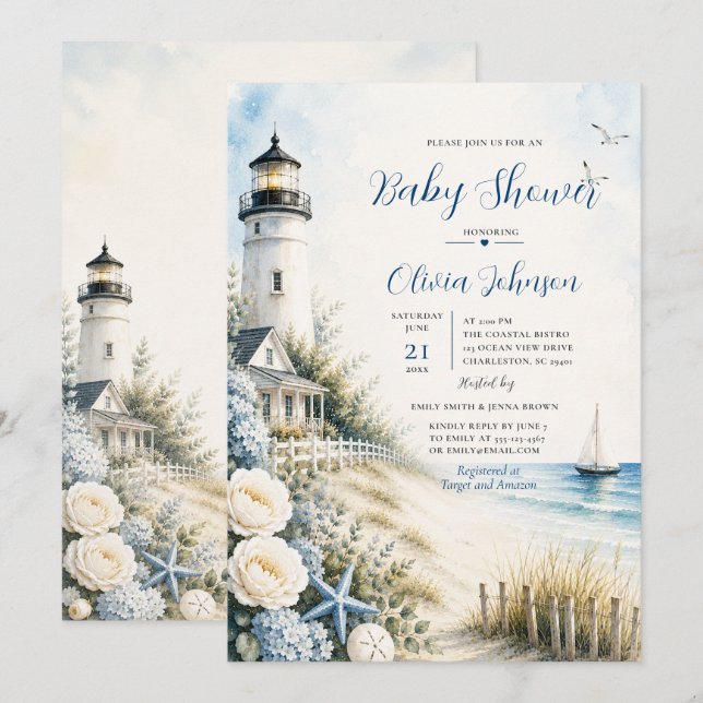 Coastal Lighthouse Baby Shower Invitation (Front/Back)