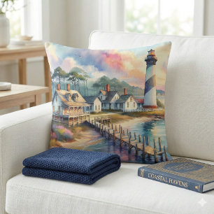 Coastal Lighthouse & Beach Cottages Scene Cushion