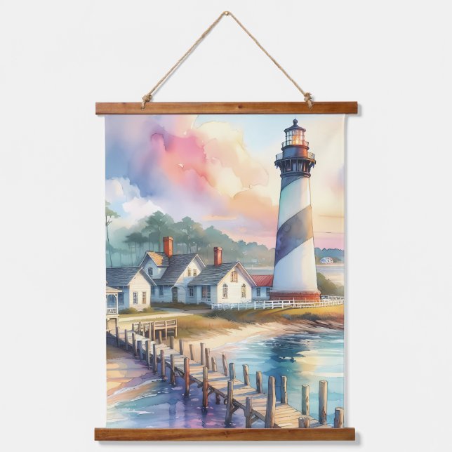Coastal Lighthouse & Beach Cottages Scene Hanging Tapestry (Front)