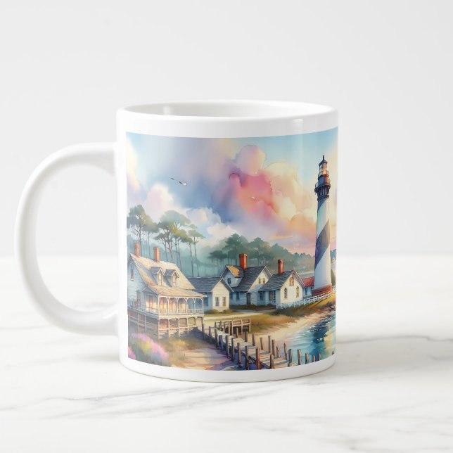 Coastal Lighthouse & Beach Cottages Scene Large Coffee Mug (Left)