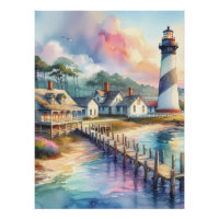 Coastal Lighthouse & Beach Cottages Scene