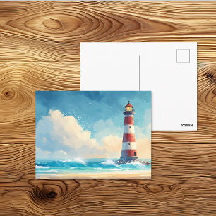 Coastal Lighthouse Beach Watercolor Art Postcard
