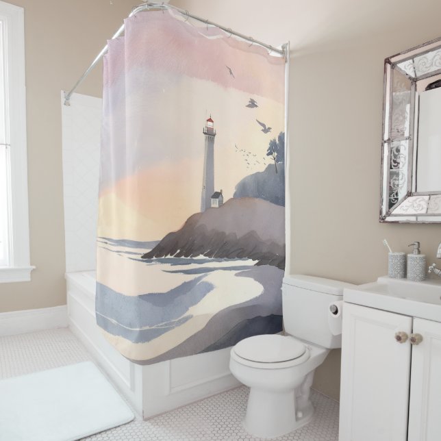 Coastal Lighthouse | Beach Watercolor Painting Shower Curtain (In Situ)
