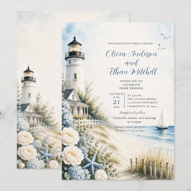 Coastal Lighthouse Beach Wedding Invitation (Front/Back)