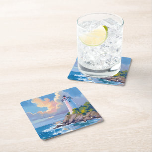 Coastal Lighthouse   Blue Ocean Waves Sea Square Paper Coaster