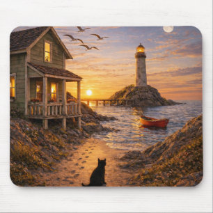Coastal Lighthouse Cottage Sunset Cat Scene Mouse Pad