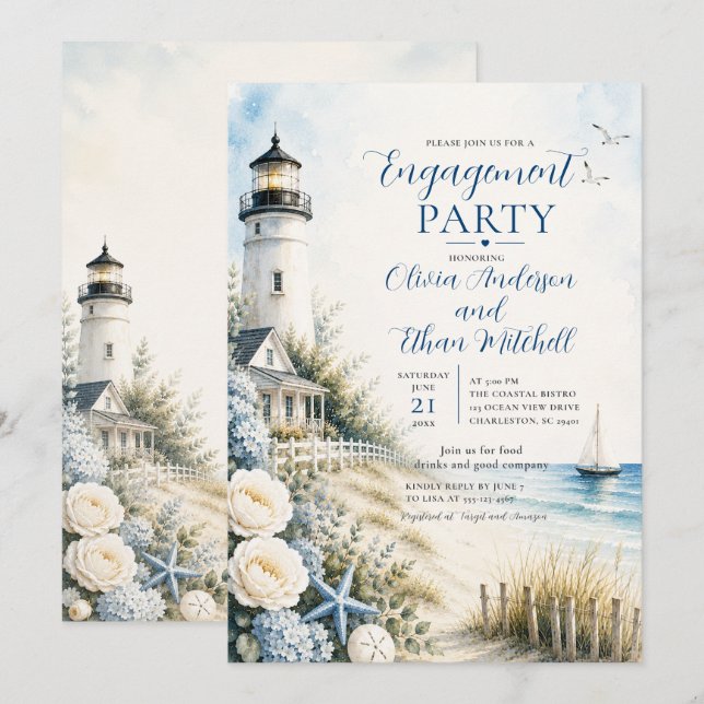 Coastal Lighthouse Engagement Party Invitation (Front/Back)