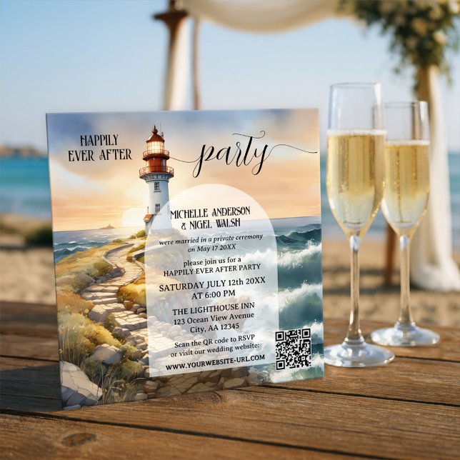 Coastal Lighthouse Happily Ever After Wedding Invitation (Watercolor happily ever after wedding invitation featuring a lighthouse at sunset - with QR code)