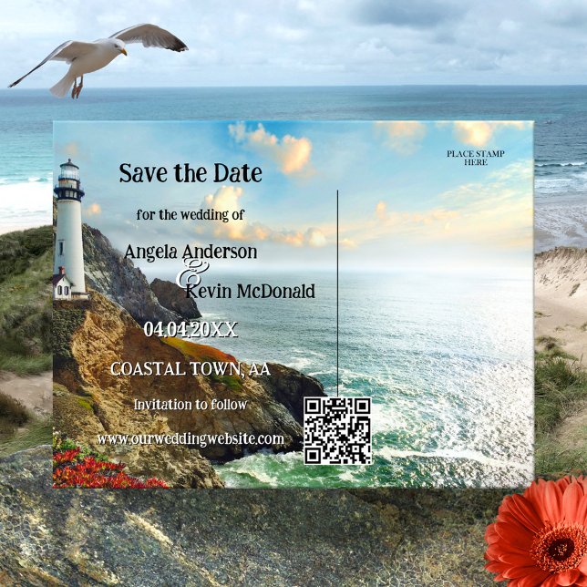 Coastal Lighthouse Nautical Save the Date Announcement Postcard (Save the Date postcard featuring a painting of a coast with a lighthouse in vibrant colors)