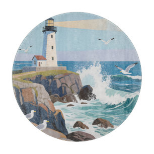 Coastal Lighthouse Ocean Waves Seagulls Cutting Board