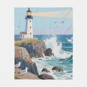Coastal Lighthouse Ocean Waves Seagulls Fleece Blanket