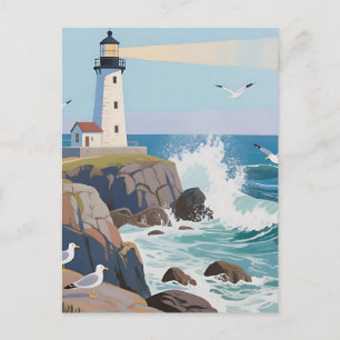 Coastal Lighthouse Ocean Waves Seagulls Postcard