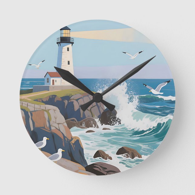 Coastal Lighthouse Ocean Waves Seagulls Round Clock (Front)