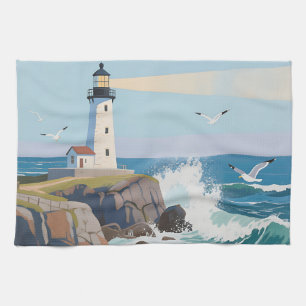 Coastal Lighthouse Ocean Waves Seagulls Tea Towel