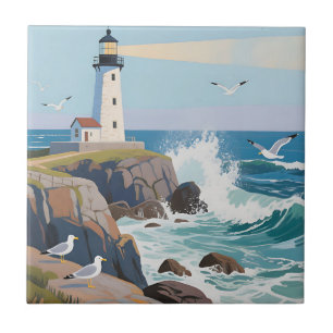 Coastal Lighthouse Ocean Waves Seagulls Tile