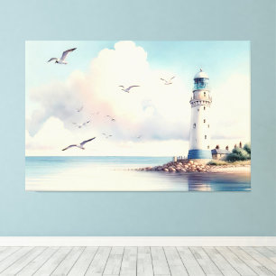 Coastal Lighthouse Seagulls Pastel Sky Serenity Canvas Print