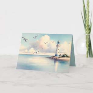 Coastal Lighthouse Seagulls Pastel Sky Serenity Card