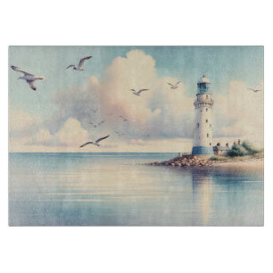 Coastal Lighthouse Seagulls Pastel Sky Serenity Cutting Board