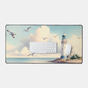 Coastal Lighthouse Seagulls Pastel Sky Serenity Desk Mat