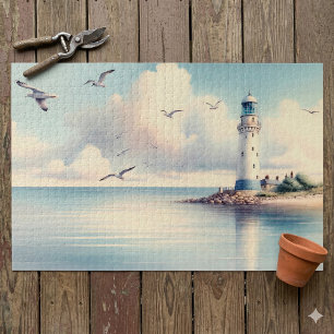 Coastal Lighthouse Seagulls Pastel Sky Serenity Jigsaw Puzzle