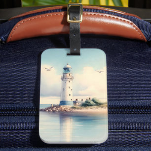 Coastal Lighthouse Seagulls Pastel Sky Serenity Luggage Tag