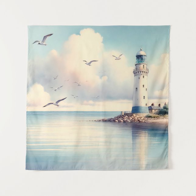 Coastal Lighthouse Seagulls Pastel Sky Serenity Tapestry (Front)