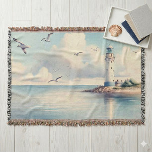 Coastal Lighthouse Seagulls Pastel Sky Serenity Throw Blanket