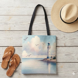 Coastal Lighthouse Seagulls Pastel Sky Serenity Tote Bag