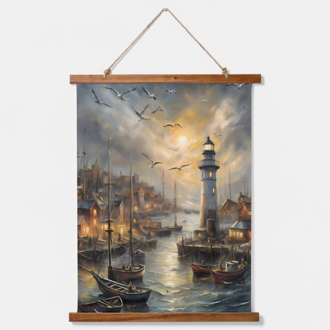 Coastal Lighthouse & Seaside Village Sunset Art Hanging Tapestry (Front)