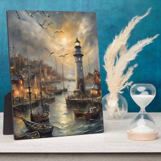 Coastal Lighthouse & Seaside Village Sunset Art Plaque (Side)