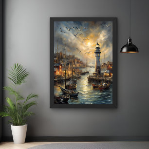 Coastal Lighthouse & Seaside Village Sunset Art Poster