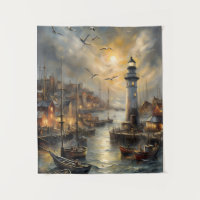 Coastal Lighthouse & Seaside Village Sunset Art