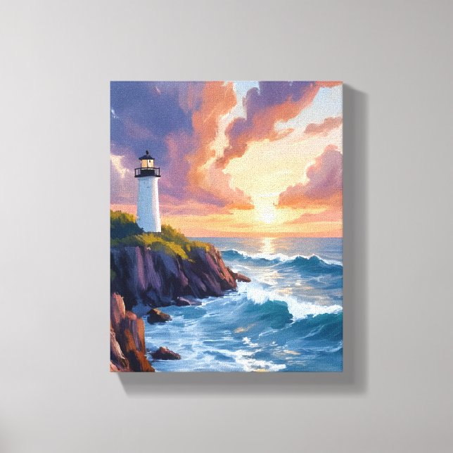 Coastal Lighthouse Sunset | Beach Ocean Painting Canvas Print (Front)