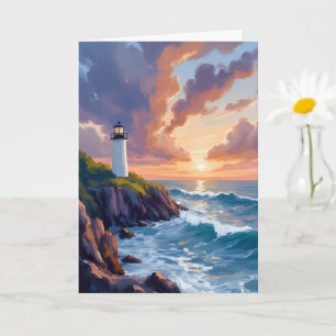 Coastal Lighthouse Sunset   Beach Ocean Painting Card
