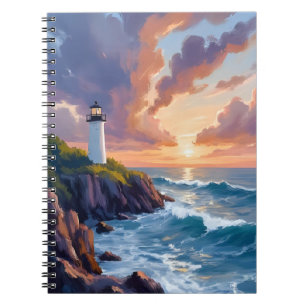 Coastal Lighthouse Sunset Beach Ocean Painting Notebook