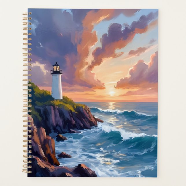 Coastal Lighthouse Sunset | Beach Ocean Painting Planner (Front)