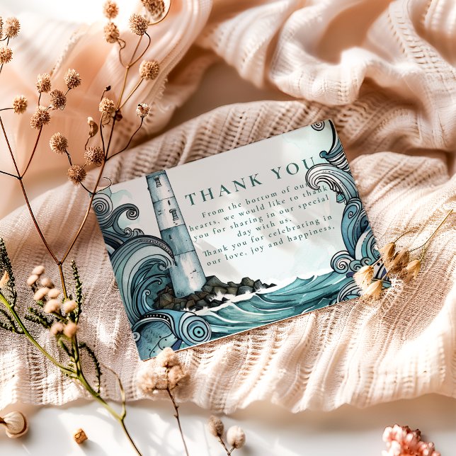 Coastal Lighthouse Wave Wedding Thank You Card (Creator Uploaded)