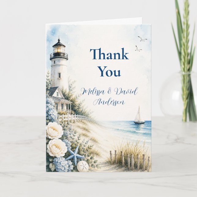 Coastal Lighthouse Wedding Thank You Card (Front)