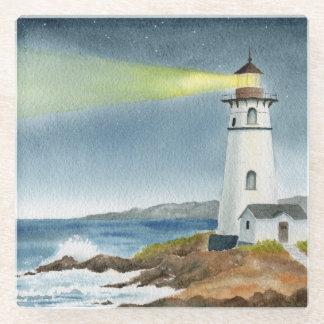 Coastal Lighthouse with Light Beam Glass Coaster