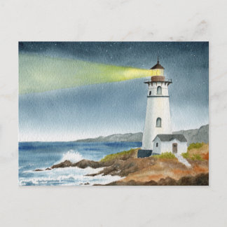 Coastal Lighthouse with Light Beam Postcard