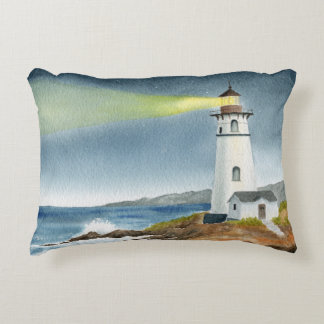 Coastal Lighthouse with Light Beam Postcard Decorative Cushion