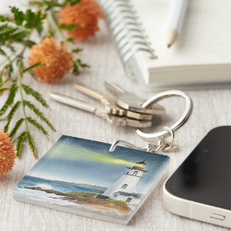 Coastal Lighthouse with Light Beam Postcard Key Ring