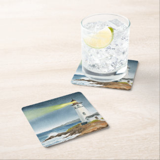 Coastal Lighthouse with Light Beam Square Paper Coaster