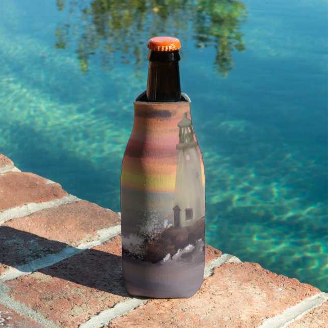 Coastal Lighthouse With Pink And Orange Sky Bottle Cooler (In Situ Pool)
