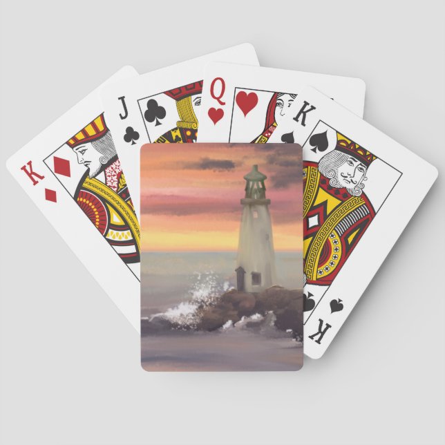 Coastal Lighthouse With Pink And Orange Sky Playing Cards (Back)