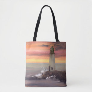 Coastal Lighthouse With Pink And Orange Sky Tote Bag