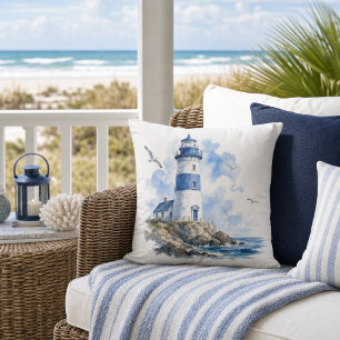 Coastal Living Lighthouse Blue on White Cushion