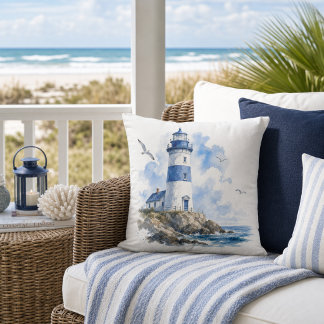 Coastal Living Lighthouse Blue on White Cushion