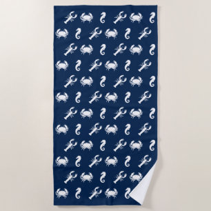 Coastal lobster crab seahorse pattern navy blue beach towel