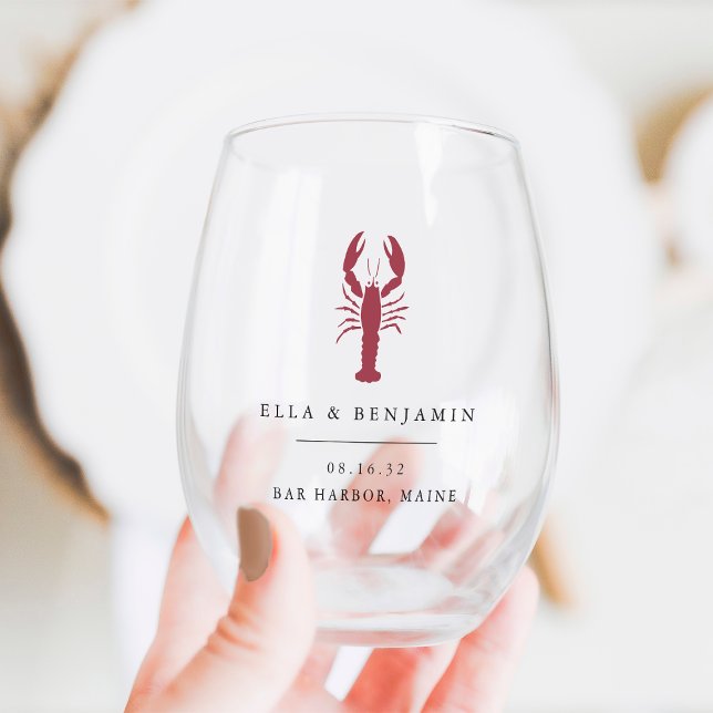 Coastal Lobster Personalised Wedding Favour Stemless Wine Glass (Creator Uploaded)